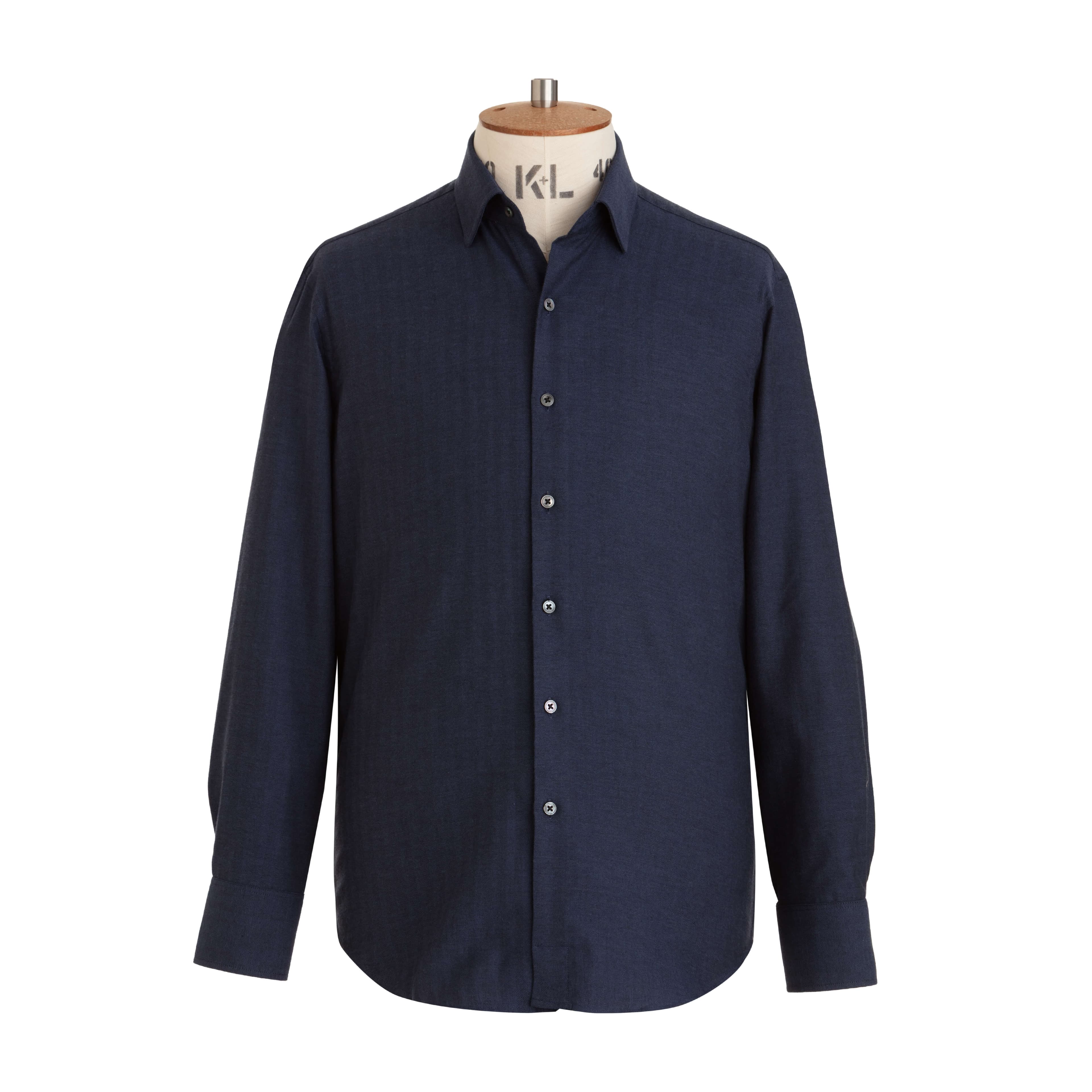 Denim Blue Herringbone Wool Cotton Blend Shirt