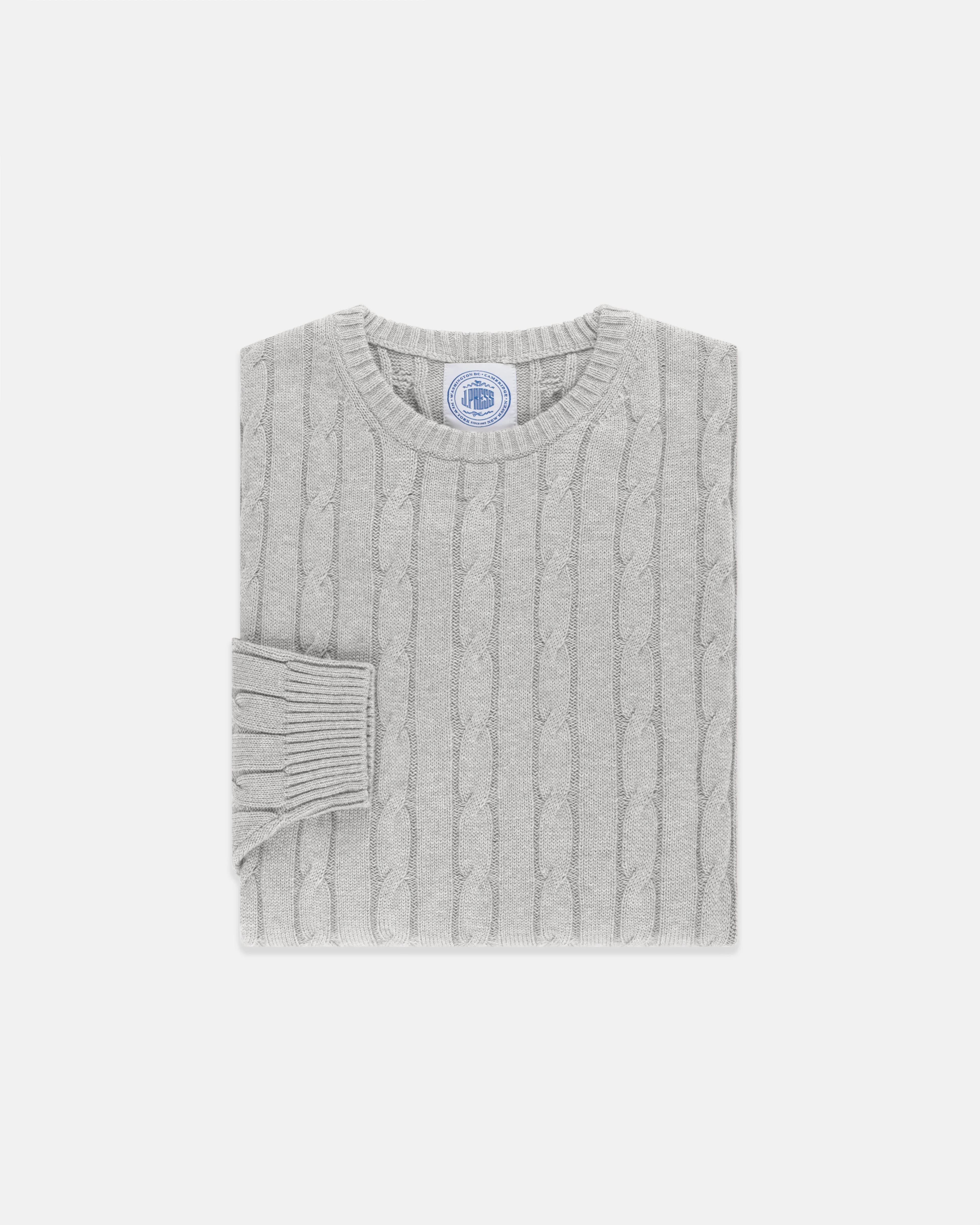Light Grey Cotton-Cashmere Cable Crewneck Sweater - Trim Fit