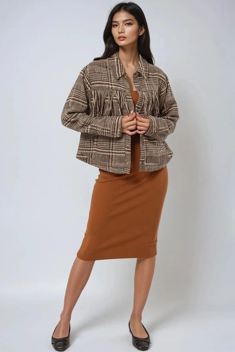 Glen Plaid Fringe-trim Jacket