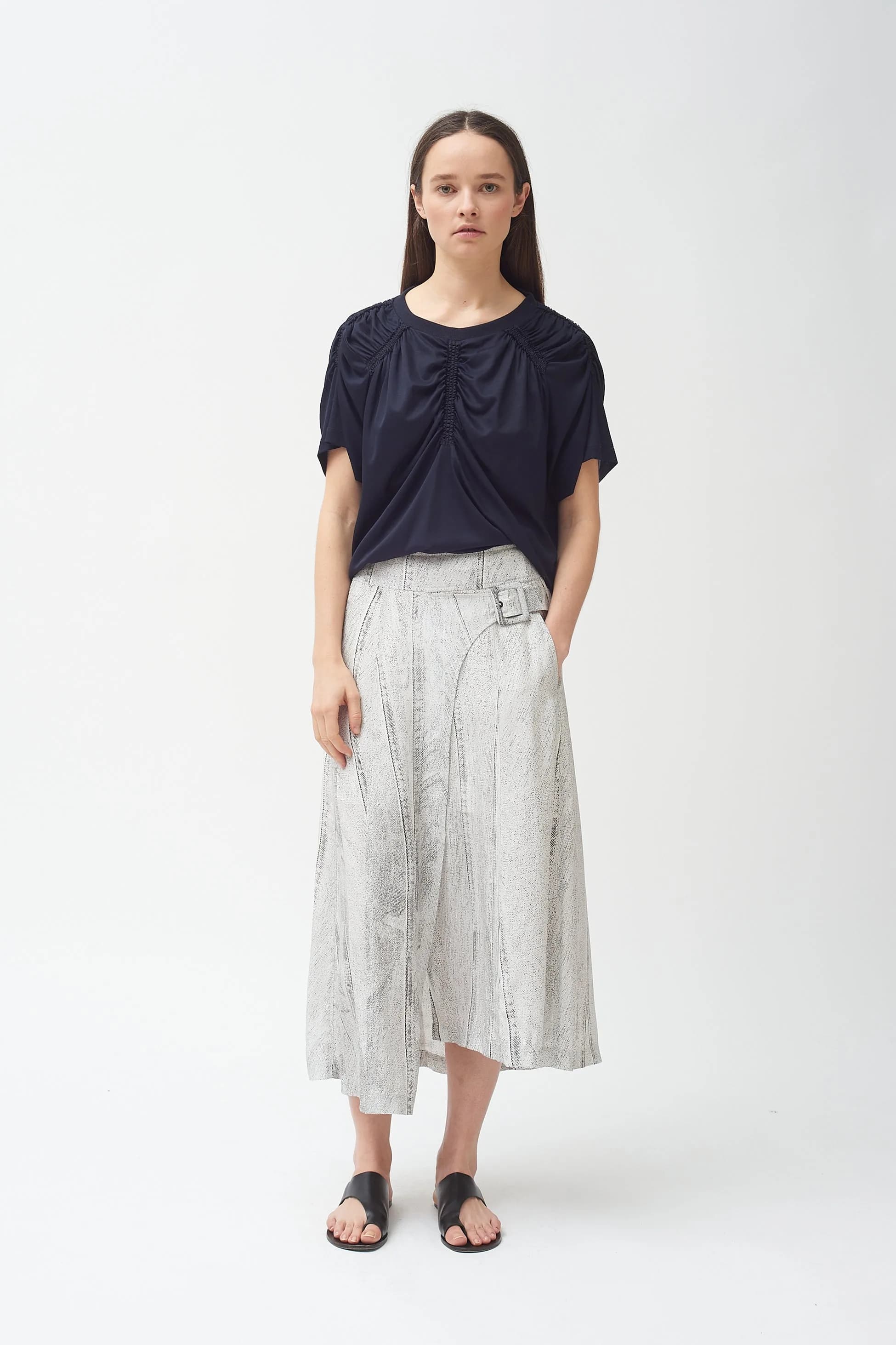 Seamed Denim Print Side Buckle Skirt
