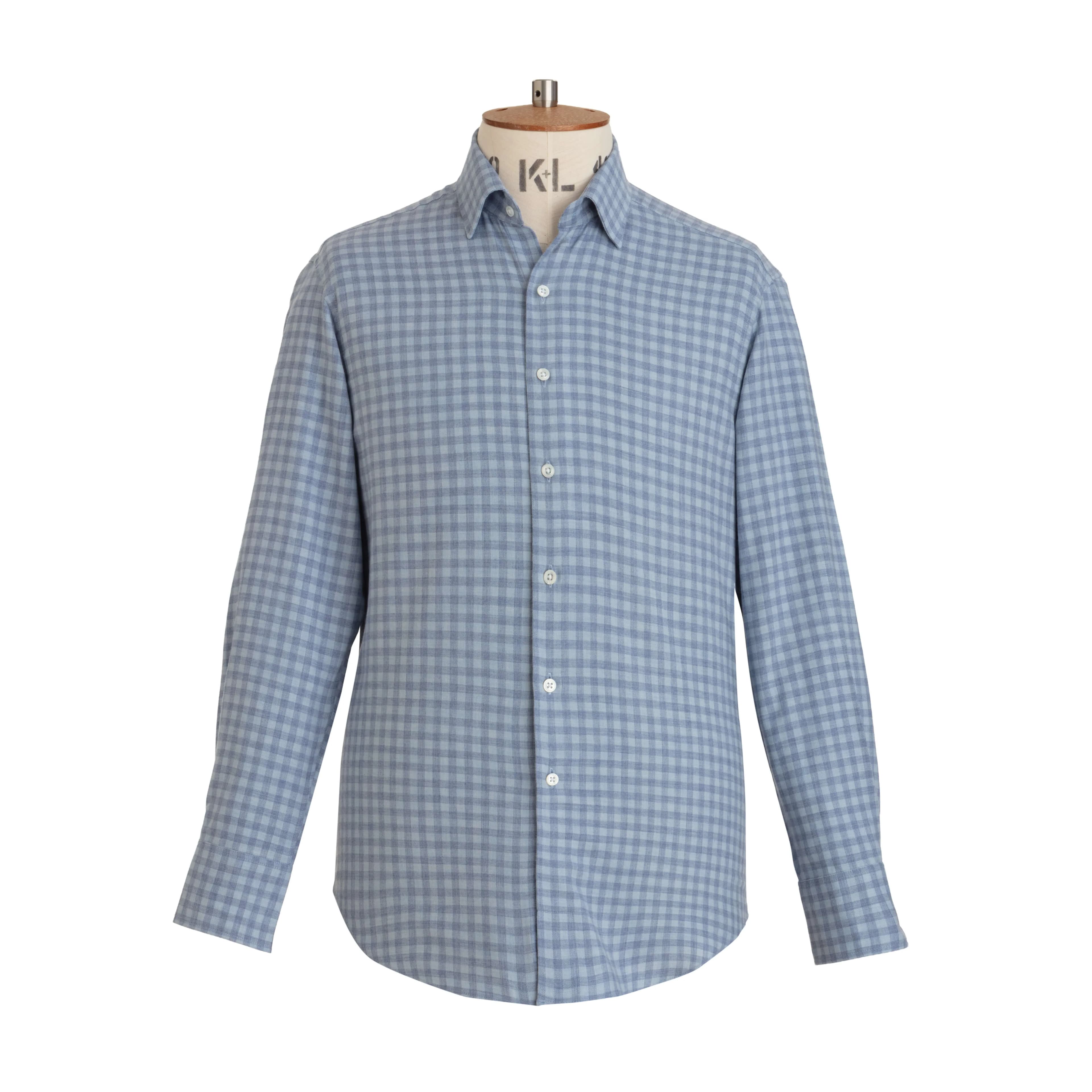 Pale Blue Gingham Wool Cotton Blend Shirt