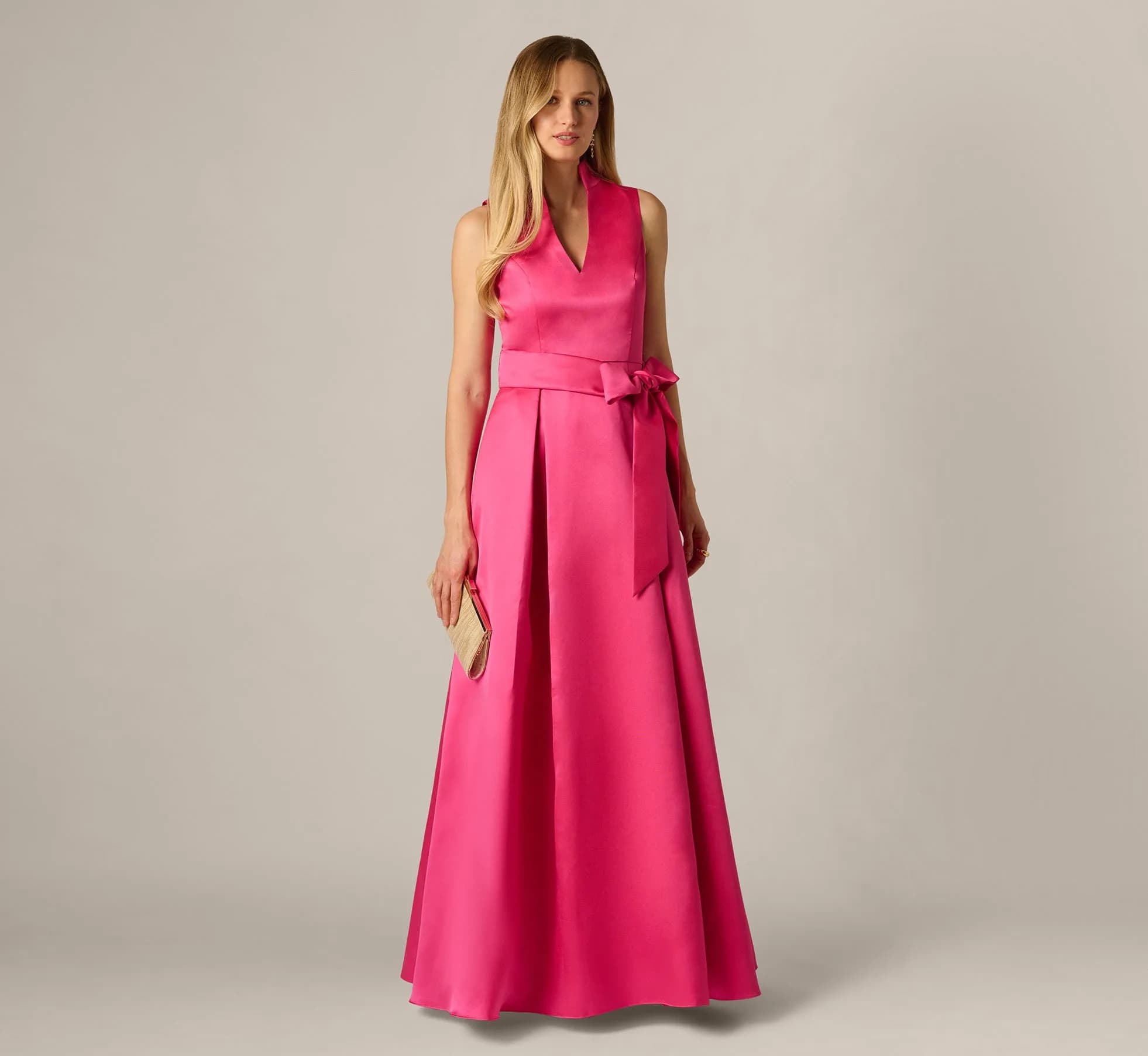 Sleeveless Queen Anne Tie Front Ballgown In Electric Pink