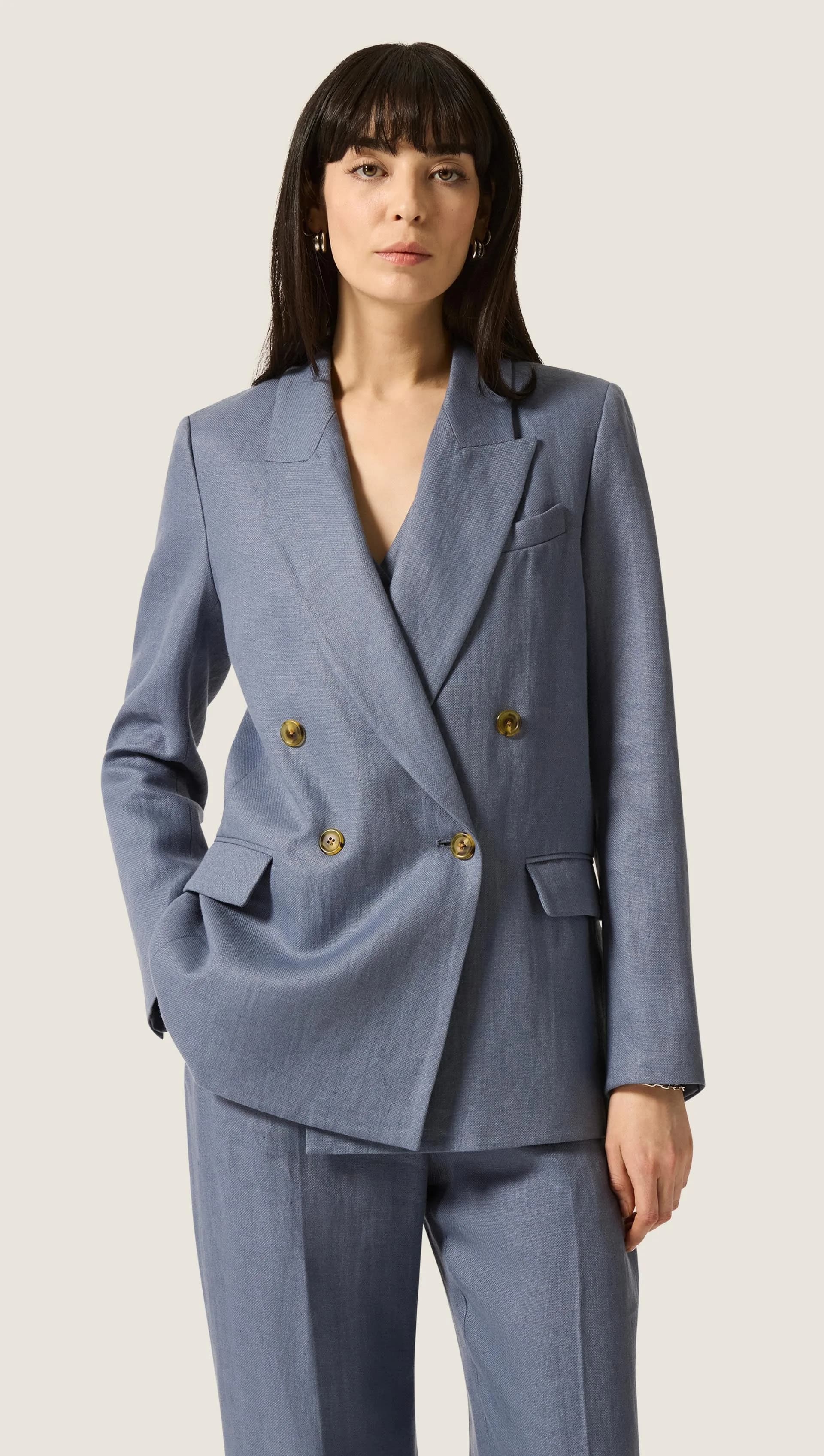 Peak Lapel Blazer in Basket Weave Linen | Blue Grey