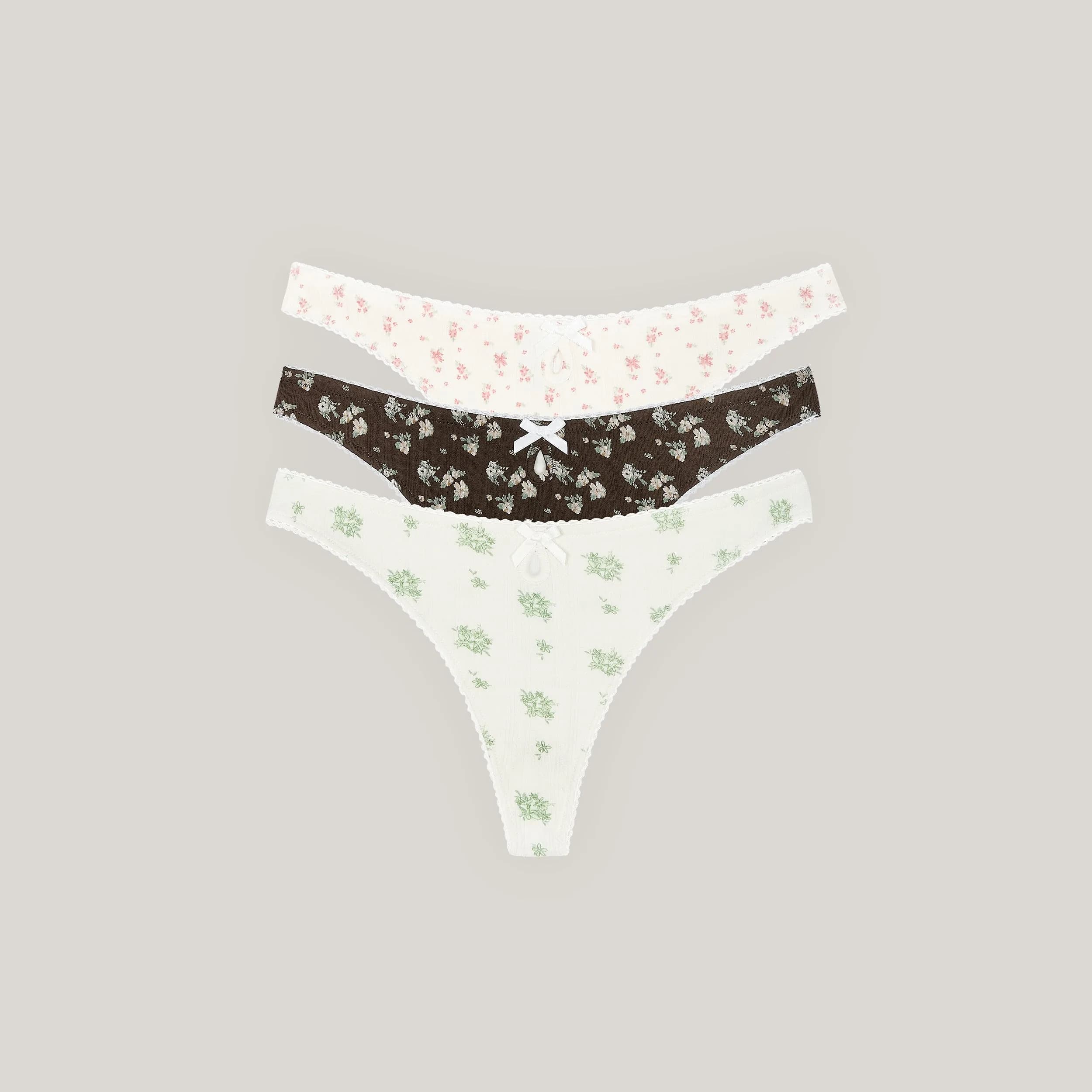 Pointelle Thongs (3-Pack) - Neutral Print
