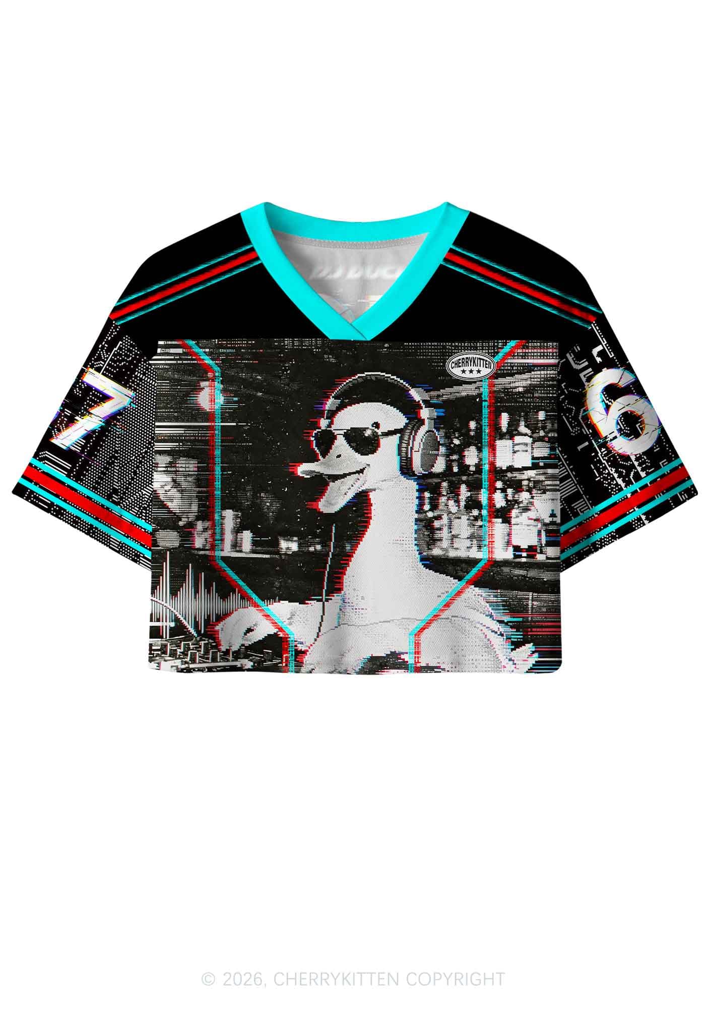 Retro Glitch DJ Duck Y2K Crop Sport Jersey Shirt